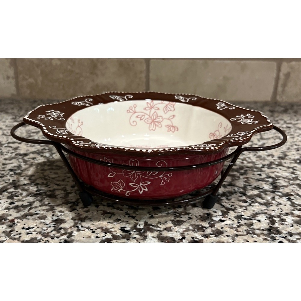 TEMPTATIONS FLORAL LACE‎ .5 Qt. ROUND Scalloped Edge BAKING DISH W/ Rack 796569